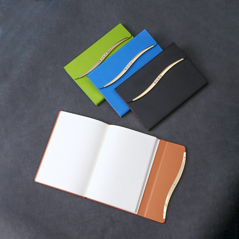 A5pu triple folding hardcover notebook with  delicate metal accessary D39046