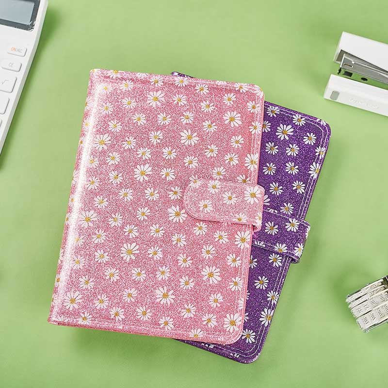 A5 flowers patten glitter material with PVC stitched magnet closure notebook D39038