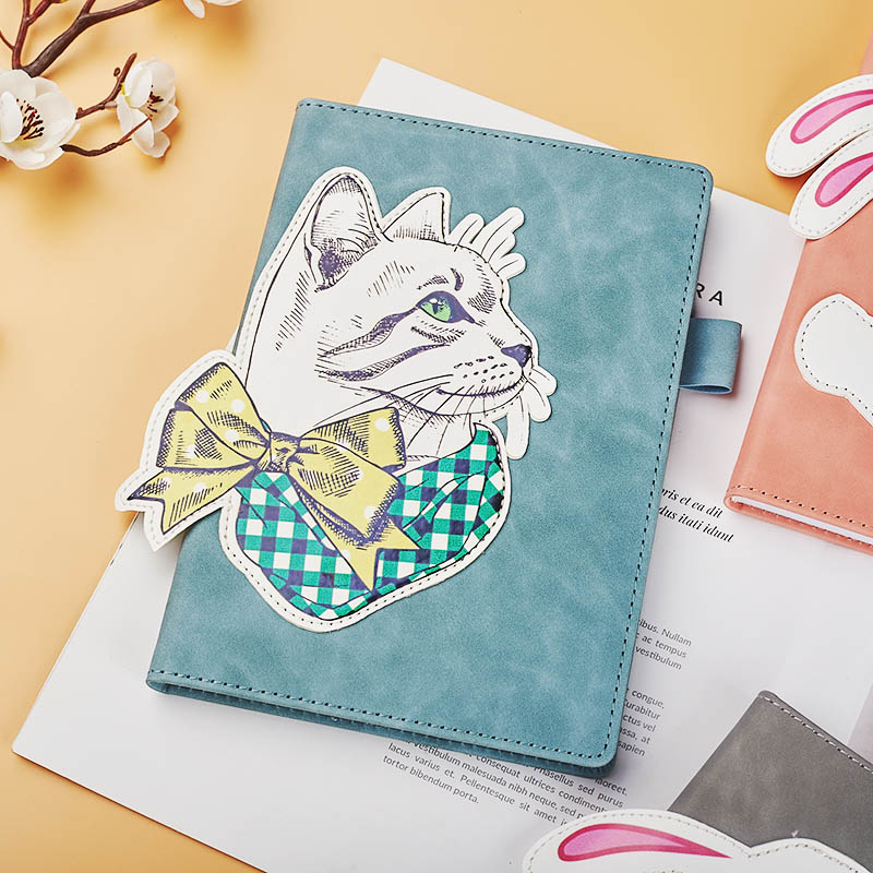 A5 pu stitched with a rabit or cats hardcover notebook with a penloop D39043