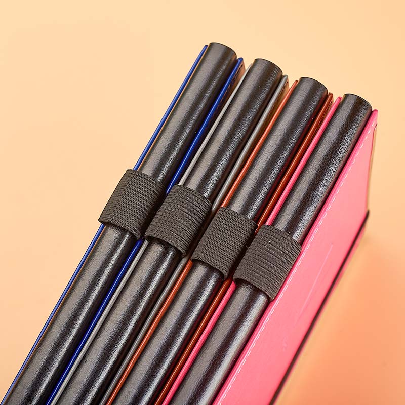 A5 pu with another pu on spine stitched diary.agendar with elastic band  and tri-side metal frame D 39040